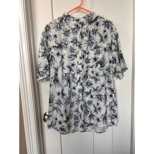 Onia Men's Floral Print Linen‎ Button-Up Shirt Vacation White Blue Size XXL